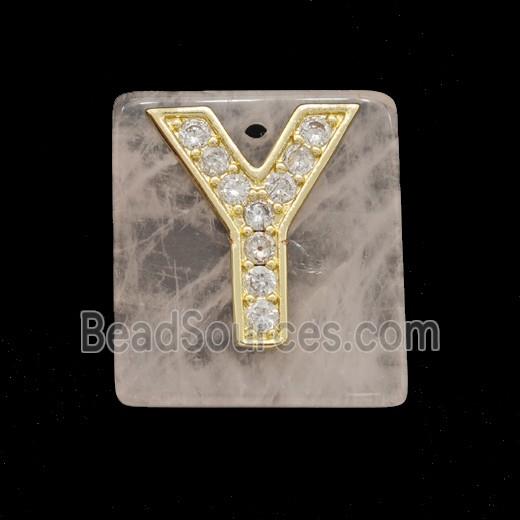 Rose Quartz Square Pendant With Copper Letter-Y Pave Zirconia Gold Plated