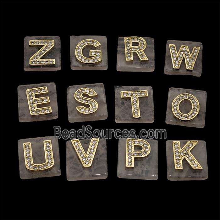Rose Quartz Square Pendant With Copper Letter Pave Zirconia Gold Plated Mixed