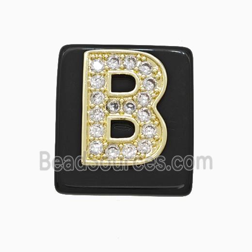Black Obsidian Square Pendant With Copper Letter-B Pave Zirconia Gold Plated