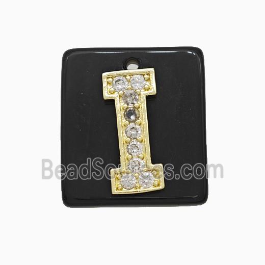 Black Obsidian Square Pendant With Copper Letter-I Pave Zirconia Gold Plated