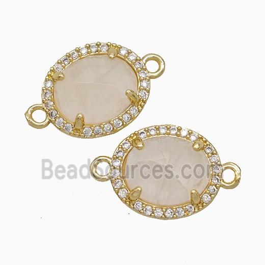Pink Rose Quartz Oval Connector Copper Pave Zirconia Gold Plated