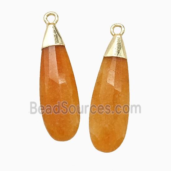 Orange Dye Jade Teardrop Pendant Faceted Gold Plated
