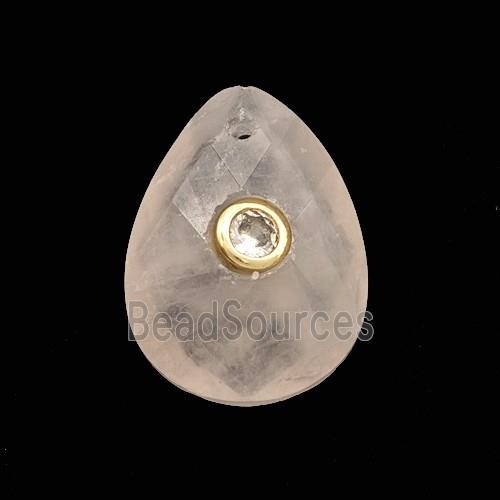 Pink Rose Quartz Teardrop Pendant Pave Zirconia