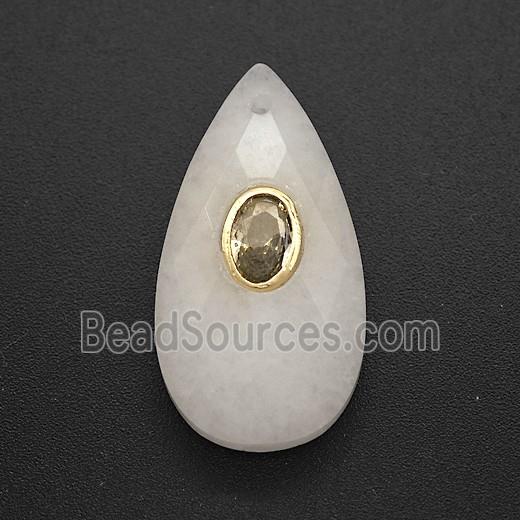 White Dye Jade Teardrop Pendant Pave Zirconia Faceted