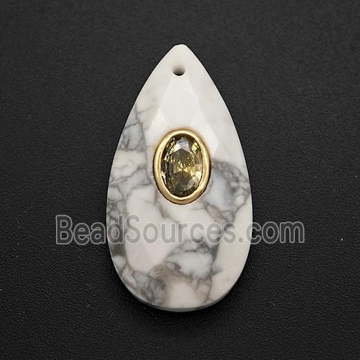 White Howlite Turquoise Teardrop Pendant Pave Zirconia Faceted