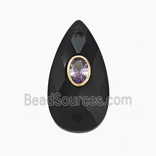 Black Obsidian Teardrop Pendant Pave Zirconia Faceted