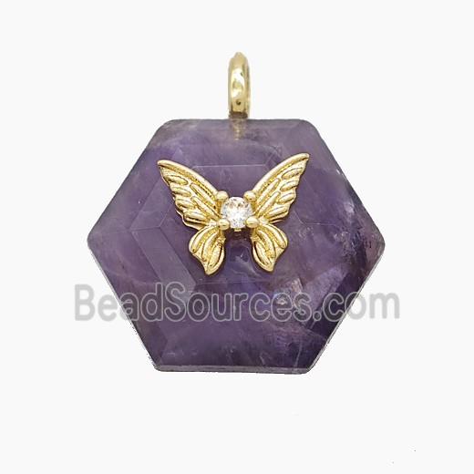 Purple Amethyst Hexagon Pendant Pave Zirconia Copper Butterfly