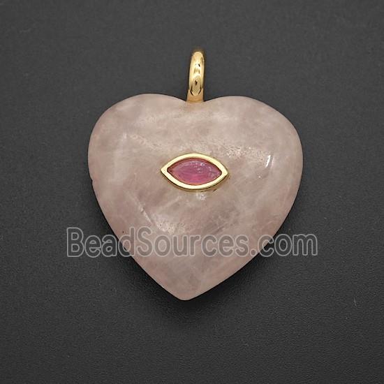 Pink Rose Quartz Heart Pendant Pave Zirconia Eye