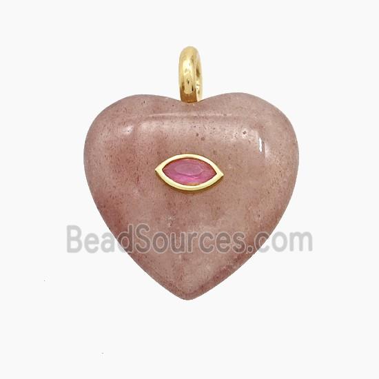 Pink Strawberry Quartz Heart Pendant Pave Zirconia Eye