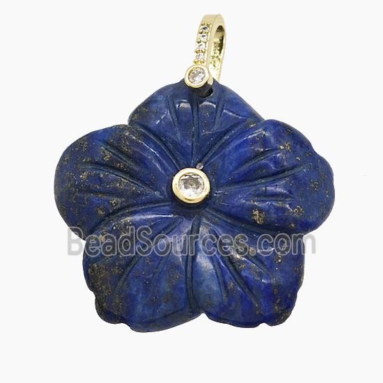 Natural Blue Lapis Lazuli Flower Pendant Pave Zirconia Carved