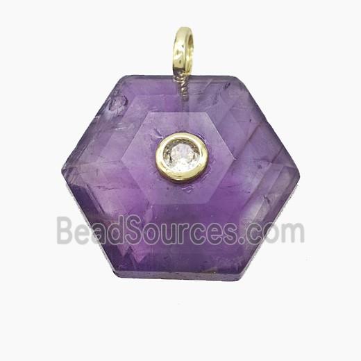 Purple Amethyst Hexagon Pendant Pave Zirconia