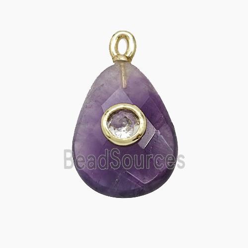 Natural Purple Amethyst Teardrop Pendant Pave Zirconia Faceted