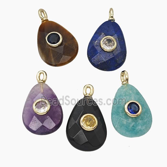 Natural Gemstone Teardrop Pendant Pave Zirconia Flat Faceted Mixed