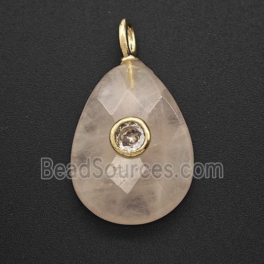 Natural Pink Rose Quartz Teardrop Pendant Pave Zirconia Faceted