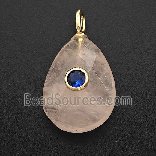 Natural Pink Rose Quartz Teardrop Pendant Pave Zirconia Faceted