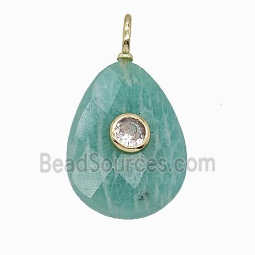 Natural Green Amazonite Teardrop Pendant Pave Zirconia Faceted
