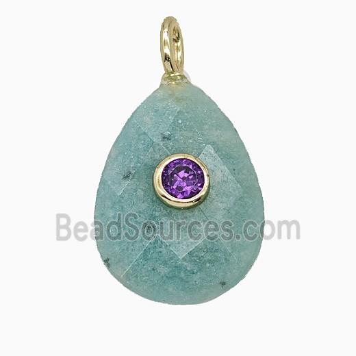 Natural Green Amazonite Teardrop Pendant Pave Zirconia Faceted
