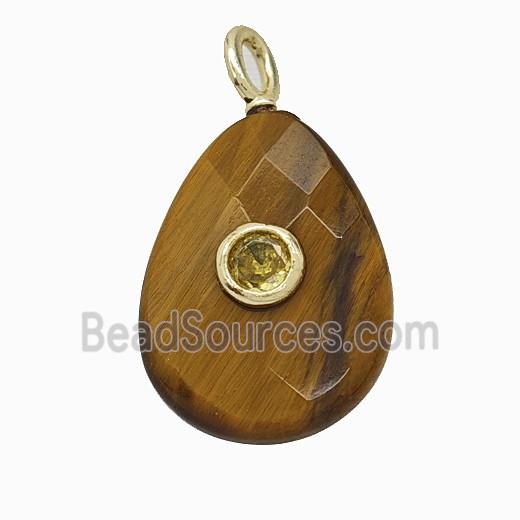 Natural Tiger Eye Stone Teardrop Pendant Pave Zirconia Faceted