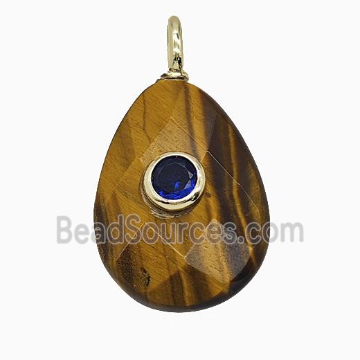 Natural Tiger Eye Stone Teardrop Pendant Pave Zirconia Faceted