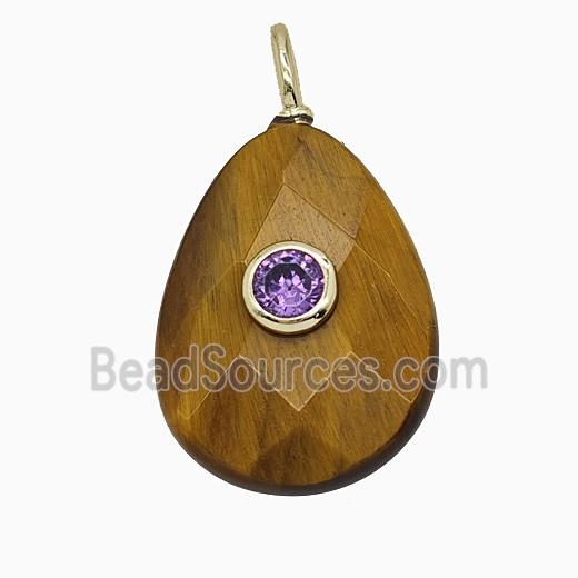 Natural Tiger Eye Stone Teardrop Pendant Pave Zirconia Faceted