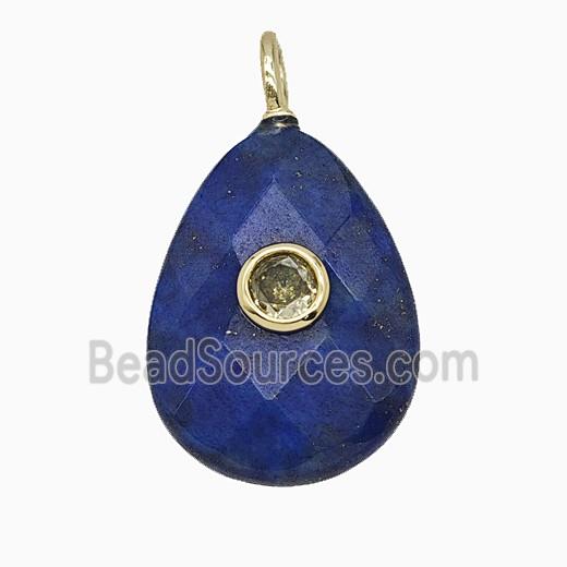 Natural Blue Lapis Lazuli Teardrop Pendant Pave Zirconia Faceted