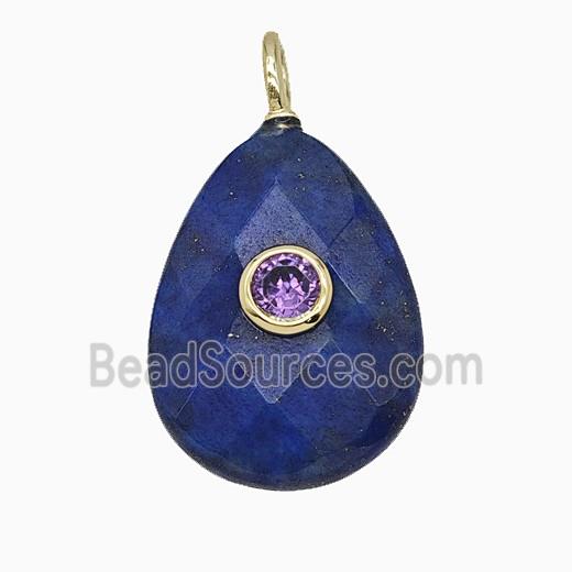 Natural Blue Lapis Lazuli Teardrop Pendant Pave Zirconia Faceted