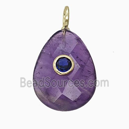 Natural Purple Amethyst Teardrop Pendant Pave Zirconia Faceted