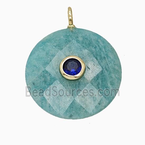 Natural Green Amazonite Circle Pendant Pave Zirconia Faceted