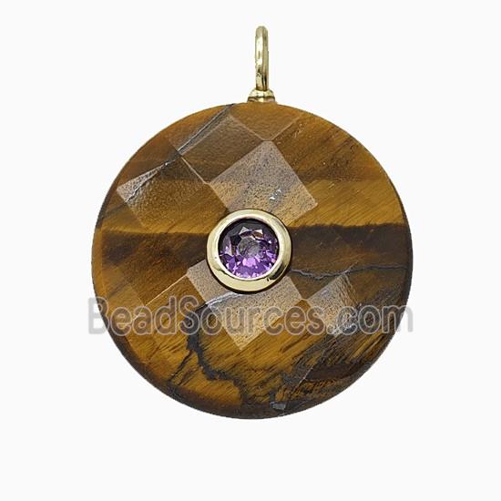 Natural Tiger Eye Stone Circle Pendant Pave Zirconia Faceted