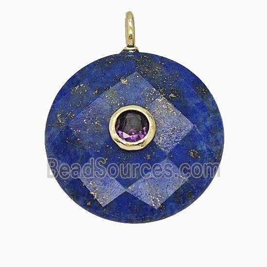 Natural Blue Lapis Lazuli Circle Pendant Pave Zirconia Faceted
