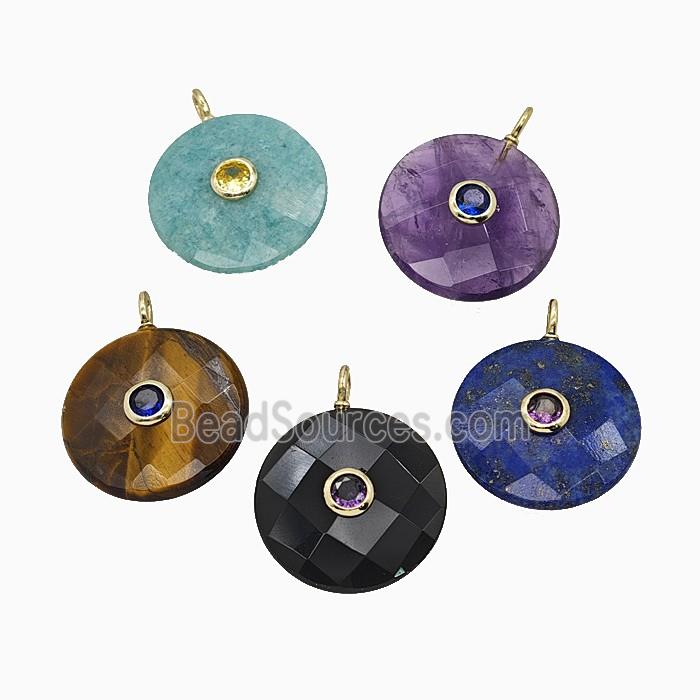 Natural Gemstone Circle Pendant Pave Zirconia Faceted Mixed