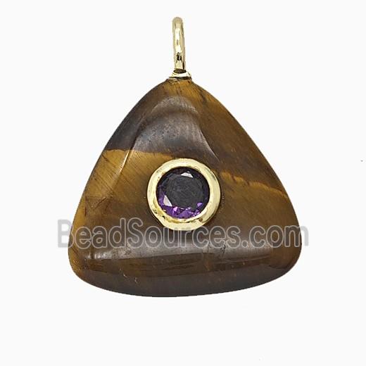 Natural Tiger Eye Stone Triangle Pendant Pave Zirconia