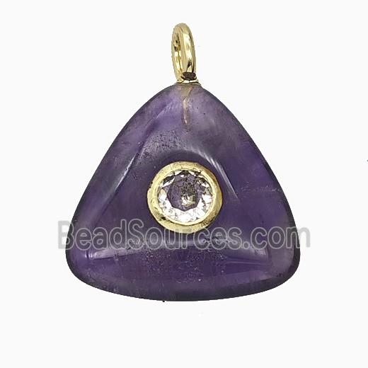 Natural Purple Amethyst Triangle Pendant Pave Zirconia
