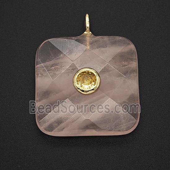 Natural Pink Rose Quartz Square Pendant Pave Zirconia Faceted