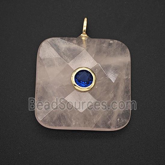 Natural Pink Rose Quartz Square Pendant Pave Zirconia Faceted