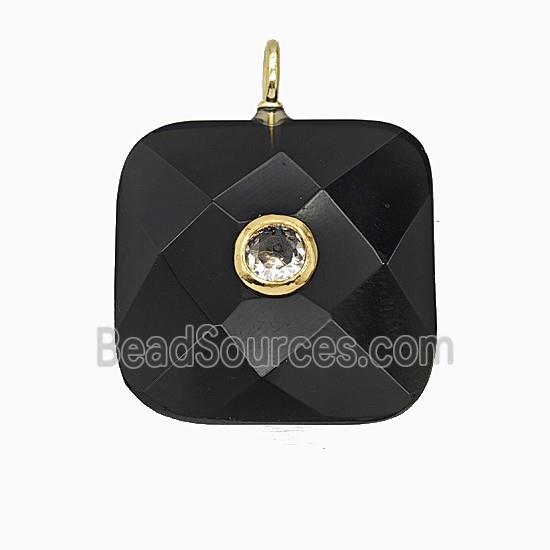 Natural Black Obsidian Square Pendant Pave Zirconia Faceted