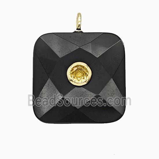 Natural Black Obsidian Square Pendant Pave Zirconia Faceted