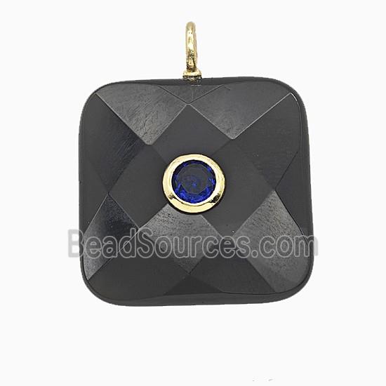 Natural Black Obsidian Square Pendant Pave Zirconia Faceted