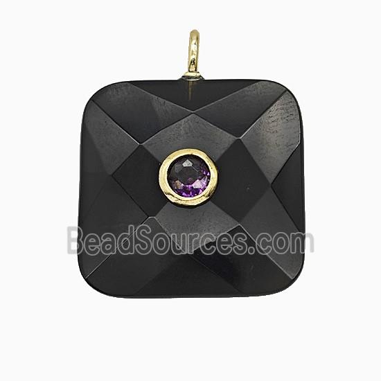 Natural Black Obsidian Square Pendant Pave Zirconia Faceted