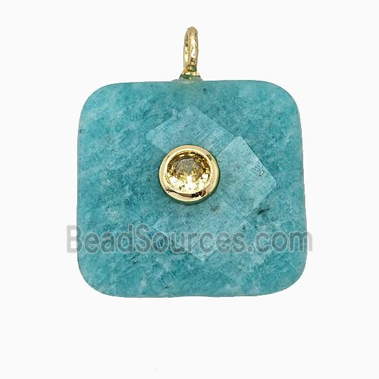 Natural Green Amazonite Square Pendant Pave Zirconia Faceted