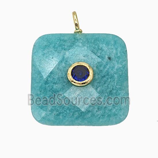 Natural Green Amazonite Square Pendant Pave Zirconia Faceted