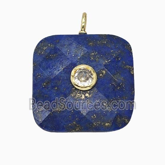 Natural Blue Lapis Lazuli Square Pendant Pave Zirconia Faceted