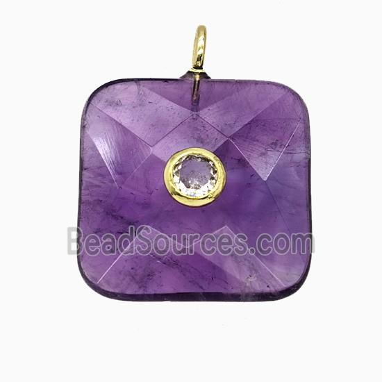 Natural Purple Amethyst Square Pendant Pave Zirconia Faceted