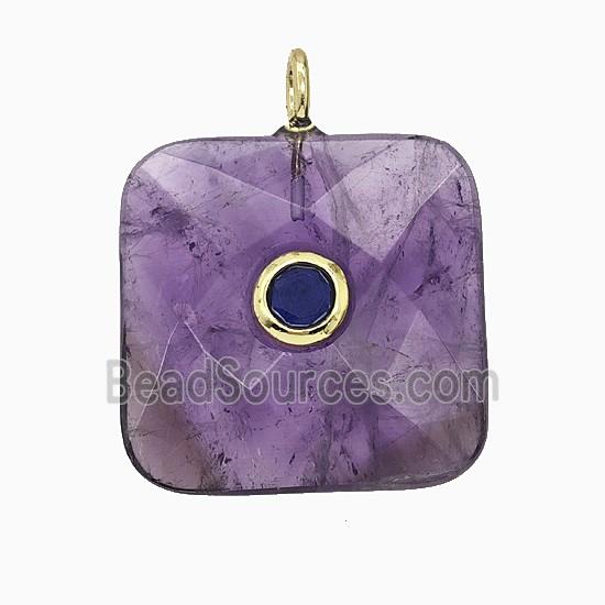 Natural Purple Amethyst Square Pendant Pave Zirconia Faceted