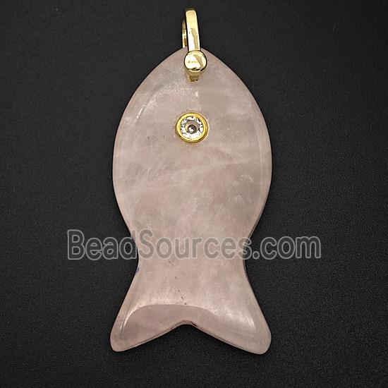Natural Pink Rose Quartz Fish Pendant Pave Zirconia
