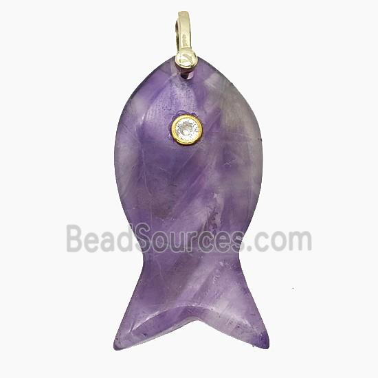 Natural Purple Amethyst Fish Pendant Pave Zirconia