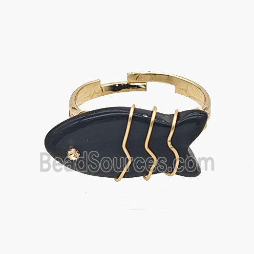 Black Obsidian Fish Copper Rings Wire Wrapped Gold Plated