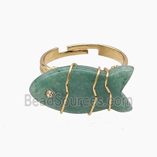 Green Strawberry Quartz Fish Copper Rings Wire Wrapped Gold Plated