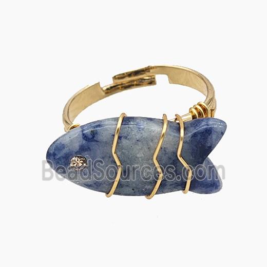 Blue Dalmatian Jasper Fish Copper Rings Wire Wrapped Gold Plated