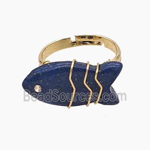 Blue Lapis Lazuli Fish Copper Rings Wire Wrapped Gold Plated